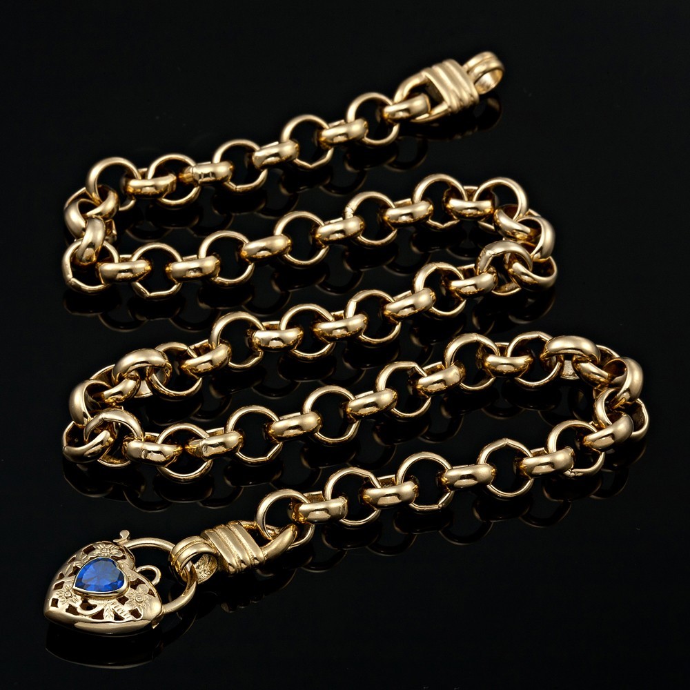 18KGL Thick Solid Rolo Yellow Gold Necklace Filigree Heart Padlock Sapphire Blue