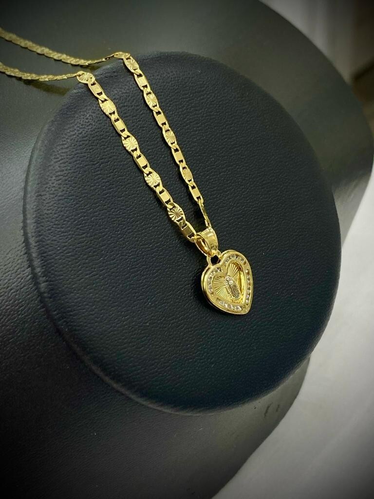 Heart CZ Virgen de Guadalupe Necklace Valentino Chain for Womens Gold F 15x13mm