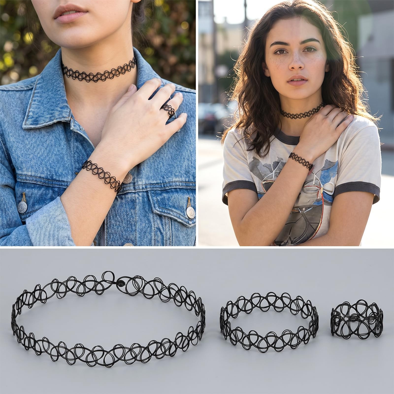 6 Pcs 90s Tattoo Choker Necklace Set Stretchy one size, Black