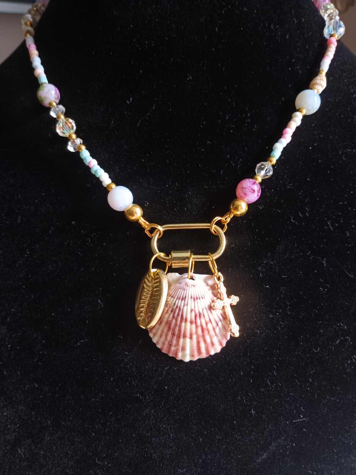 Handmade Beaded Ball/Bead Chain Necklace Pink Shell Pendant Cross Charm Beach