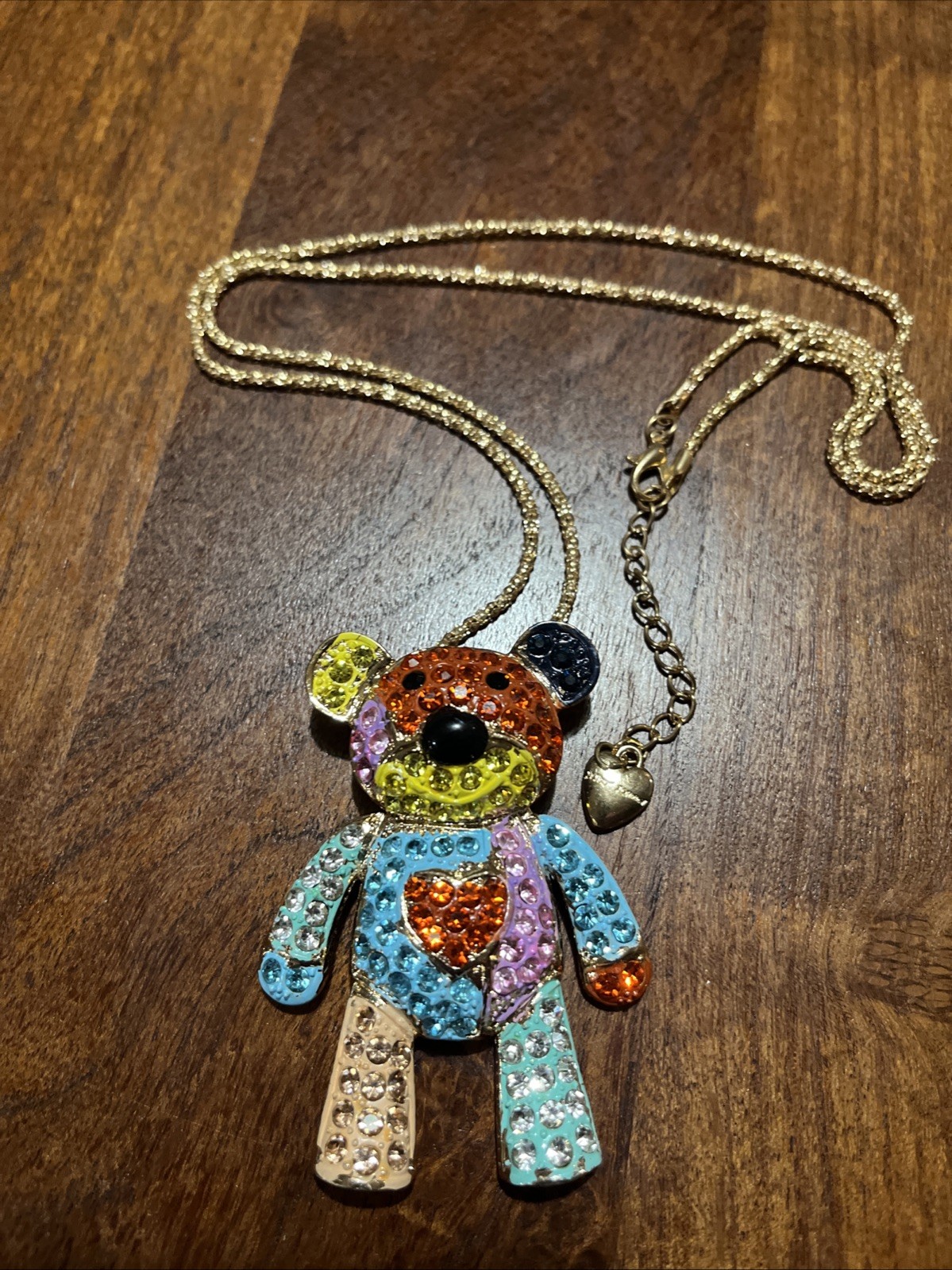 Betsey Johnson Teddy Bear Necklace Brooch Crystals 16” Chain Signed *READ*