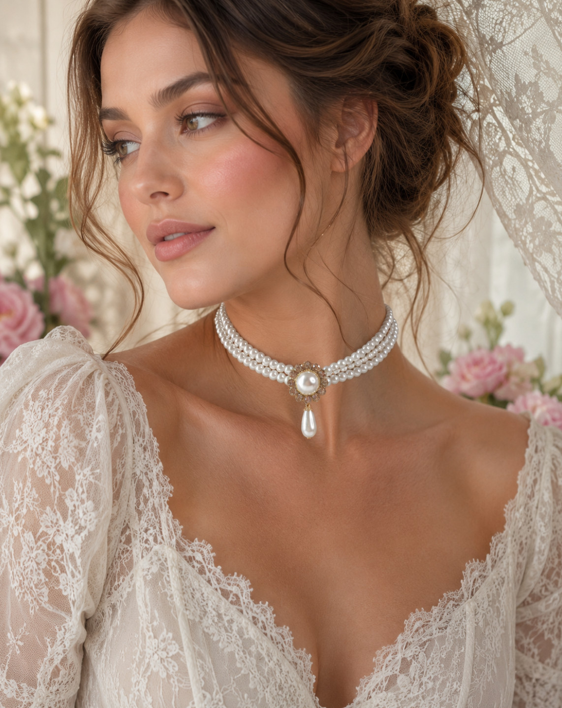 Pearl Teardrop Choker Necklace Rhinestone Pendant Bridal Victorian Elegant 15in