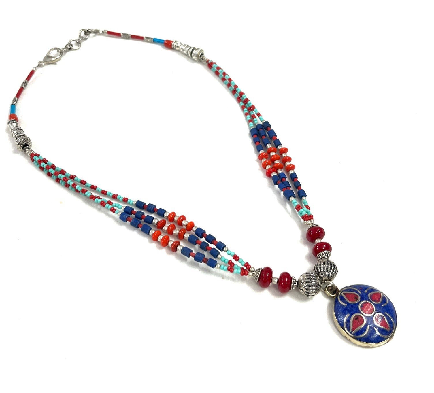 Antique Lapis Lazuli Coral Gemstone Tibetan Necklace Jewelry, 17 Inch Adjust