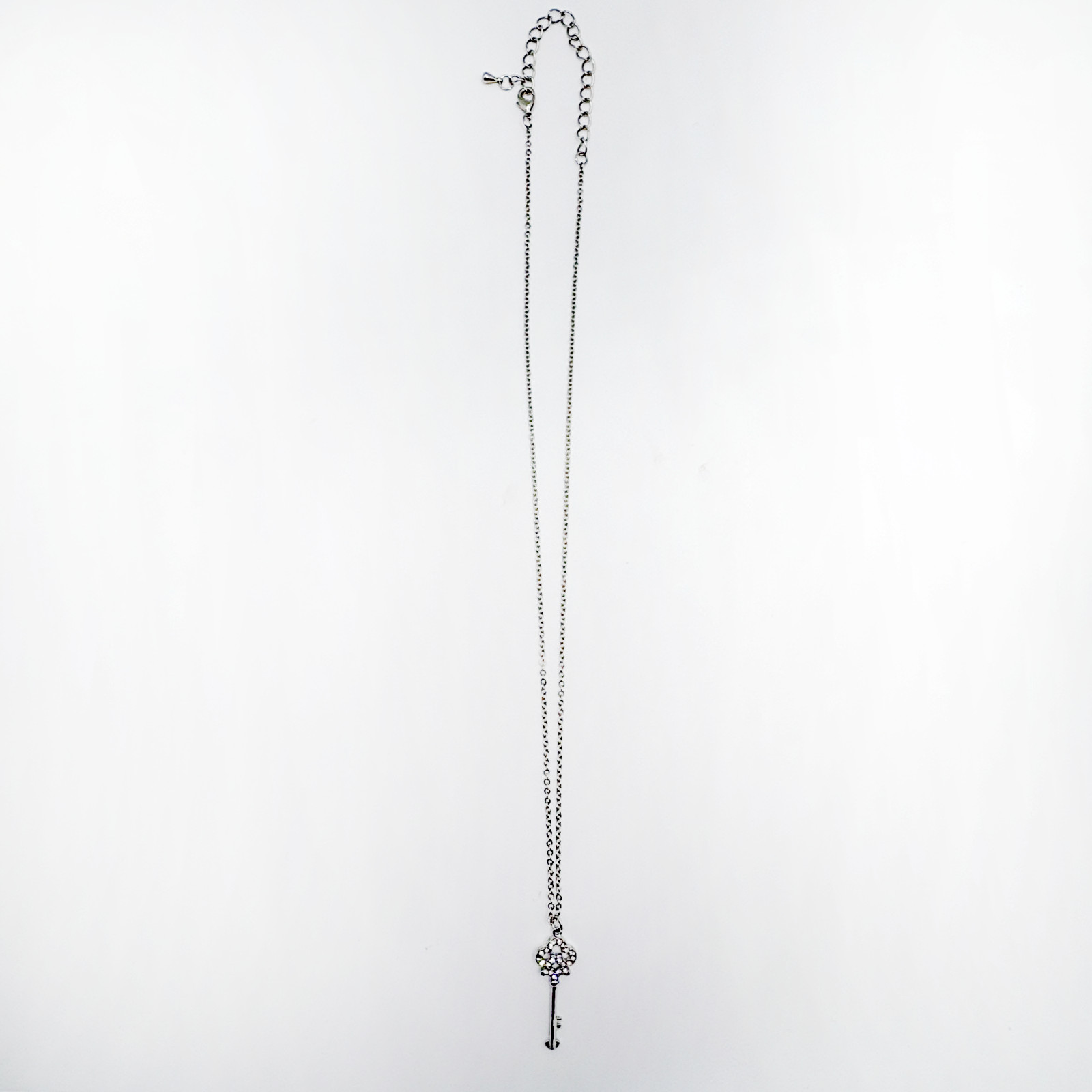 Silver-Tone Crystal Pavé Skeleton Key Pendant Necklace, Adjustable Chain