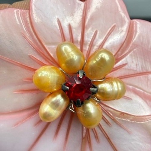 Pink Mother of Pearl Flower Pendant Red Rhinestone Cultured Pearls Tropical