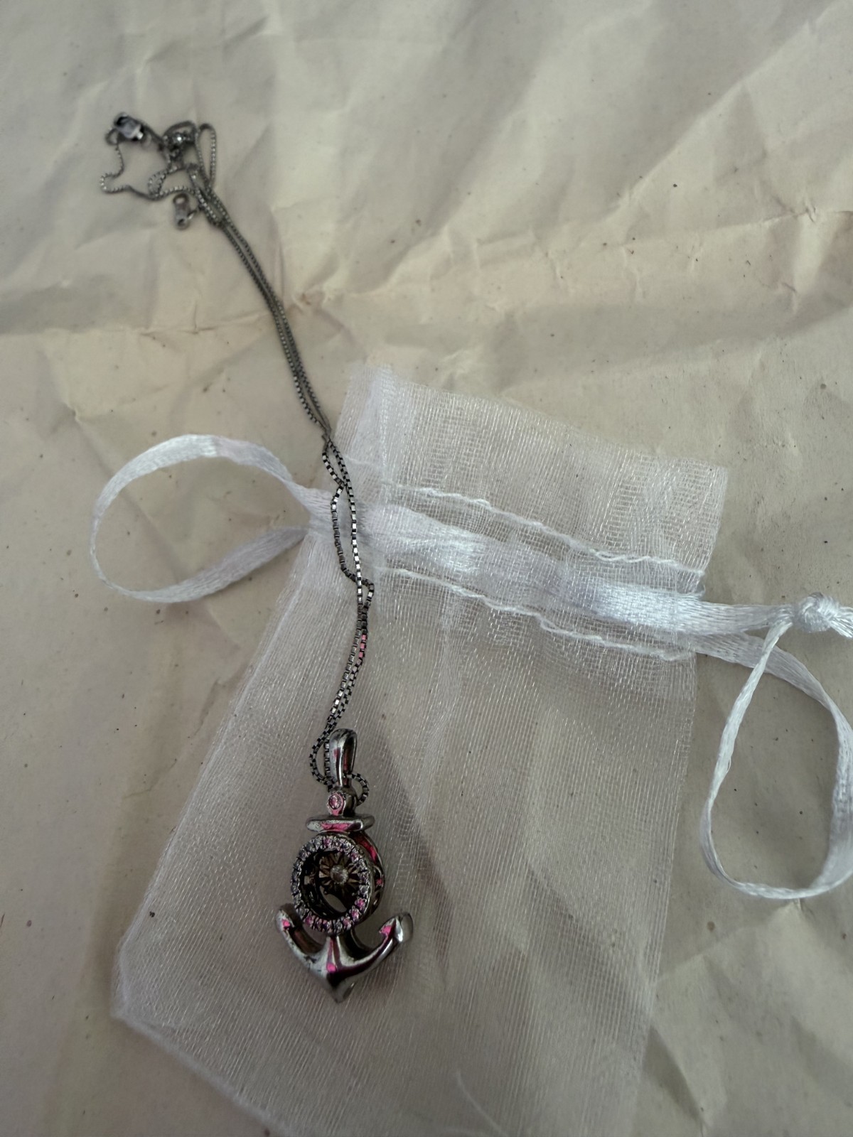 Silver Tone Anchor Charm Pendant Necklace, Ball/Bead Chain, Lobster, No Stone