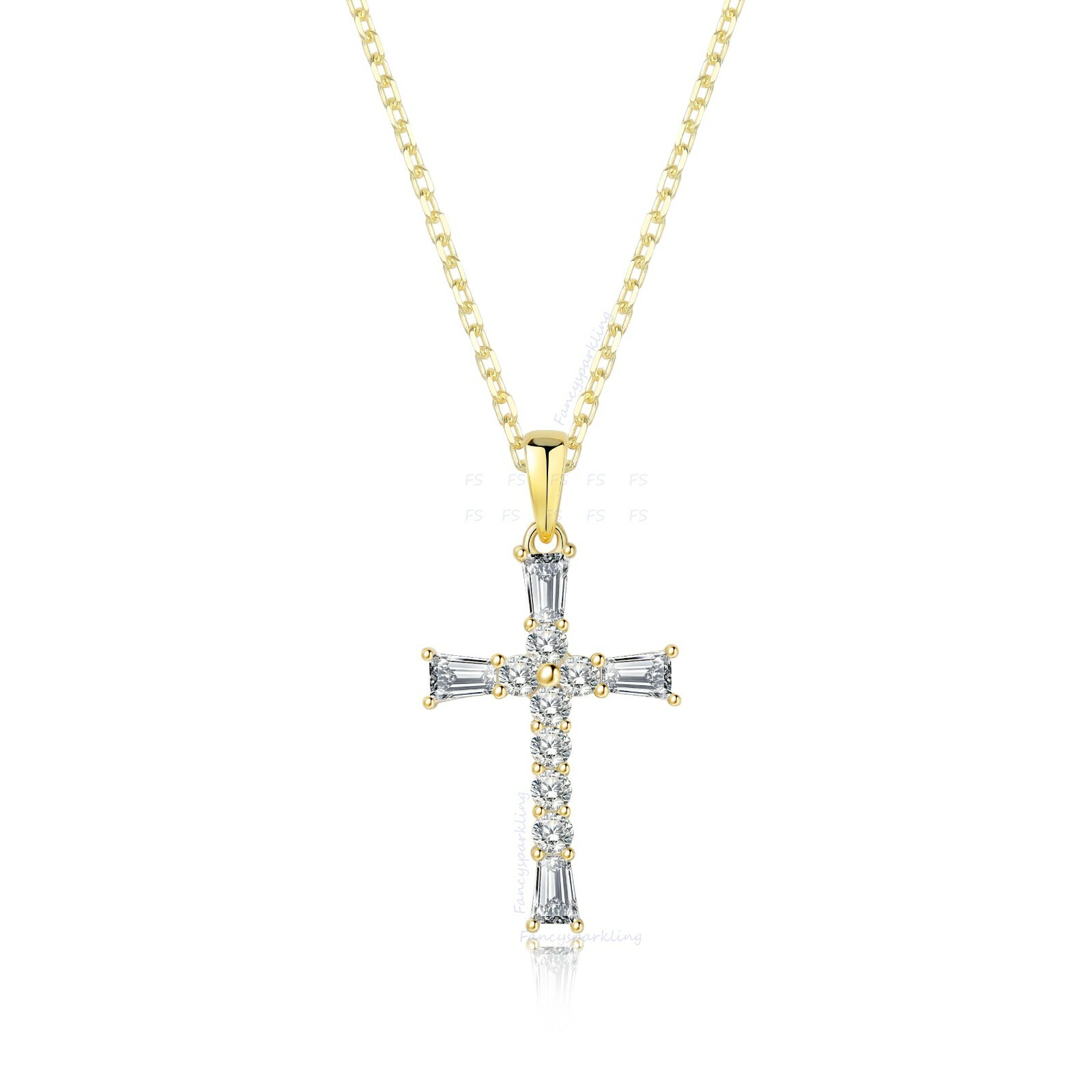 1 Ct Women Men Cross Pendant Necklace Simulated Diamond 14K Gold Plated Silver