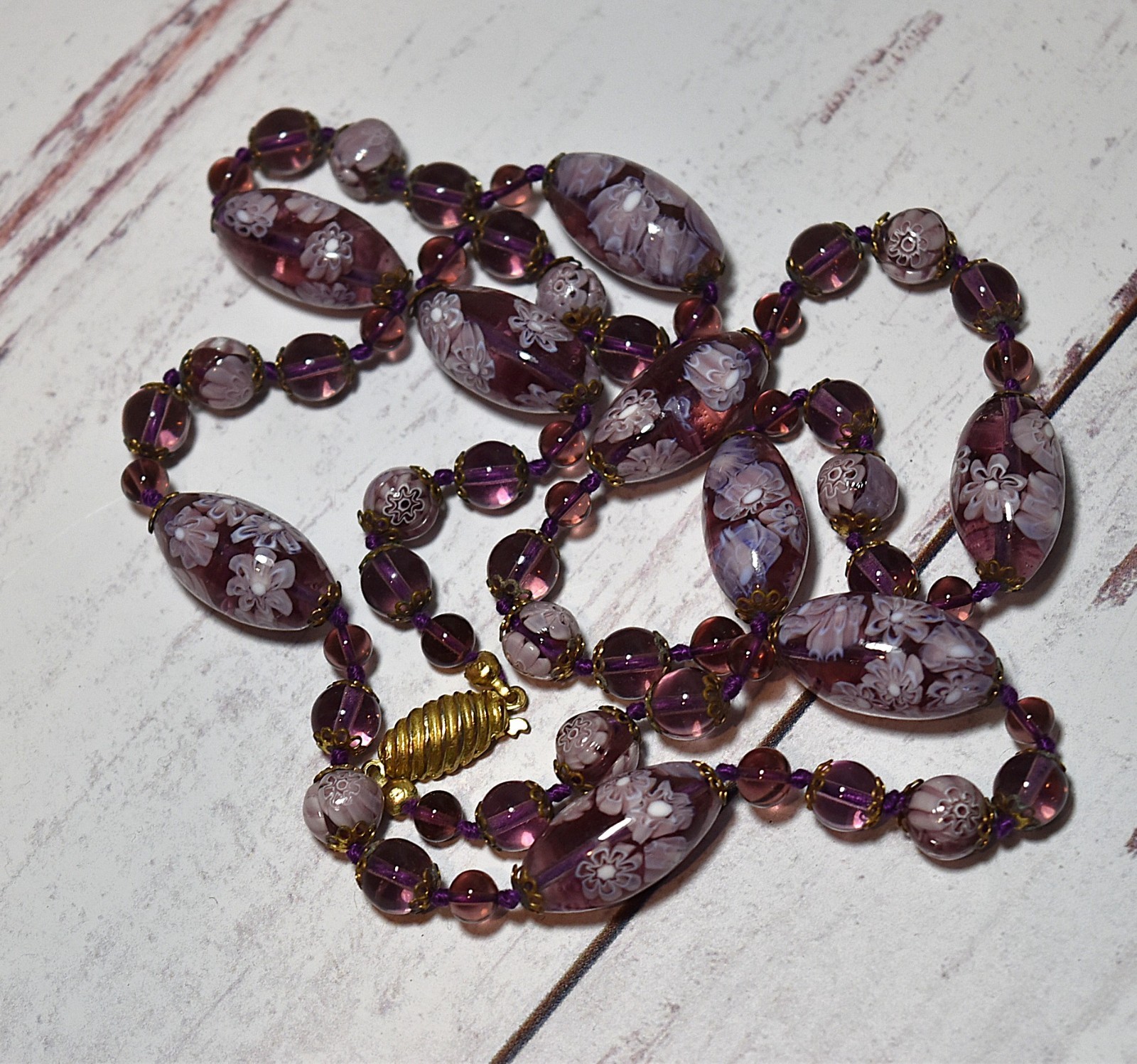 Vtg Venetian Murano Lavender Millefiori Glass Beaded Hand Knotted Necklace