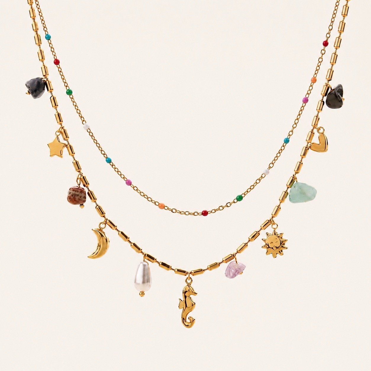 Gold Layered Charm Necklace Moon Star Sun Colorful Beaded Pendant Boho 18K Gold