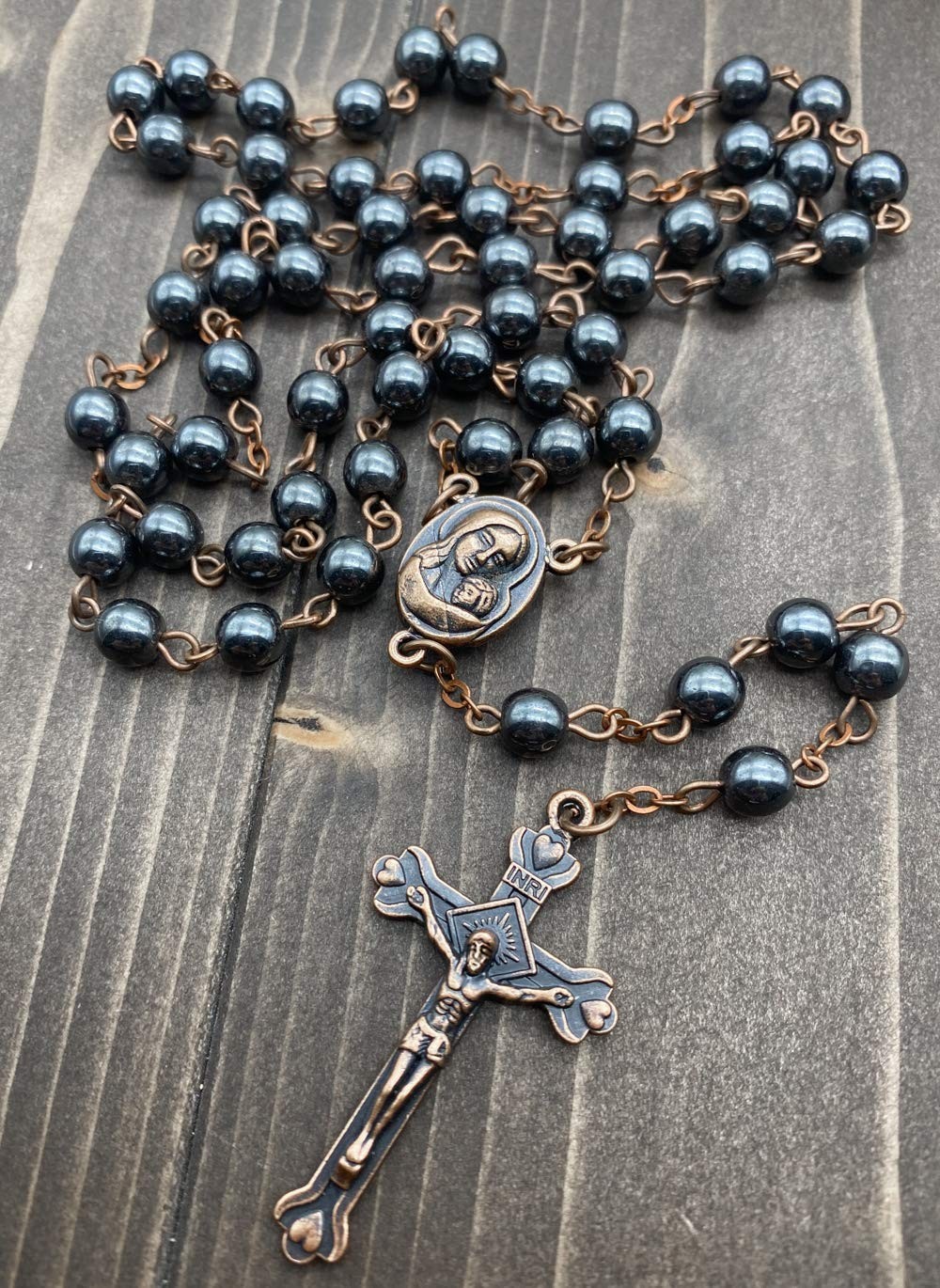 Nazareth Store unisex-adult Hematite Rosary Black 18″, Bronze Color Chain