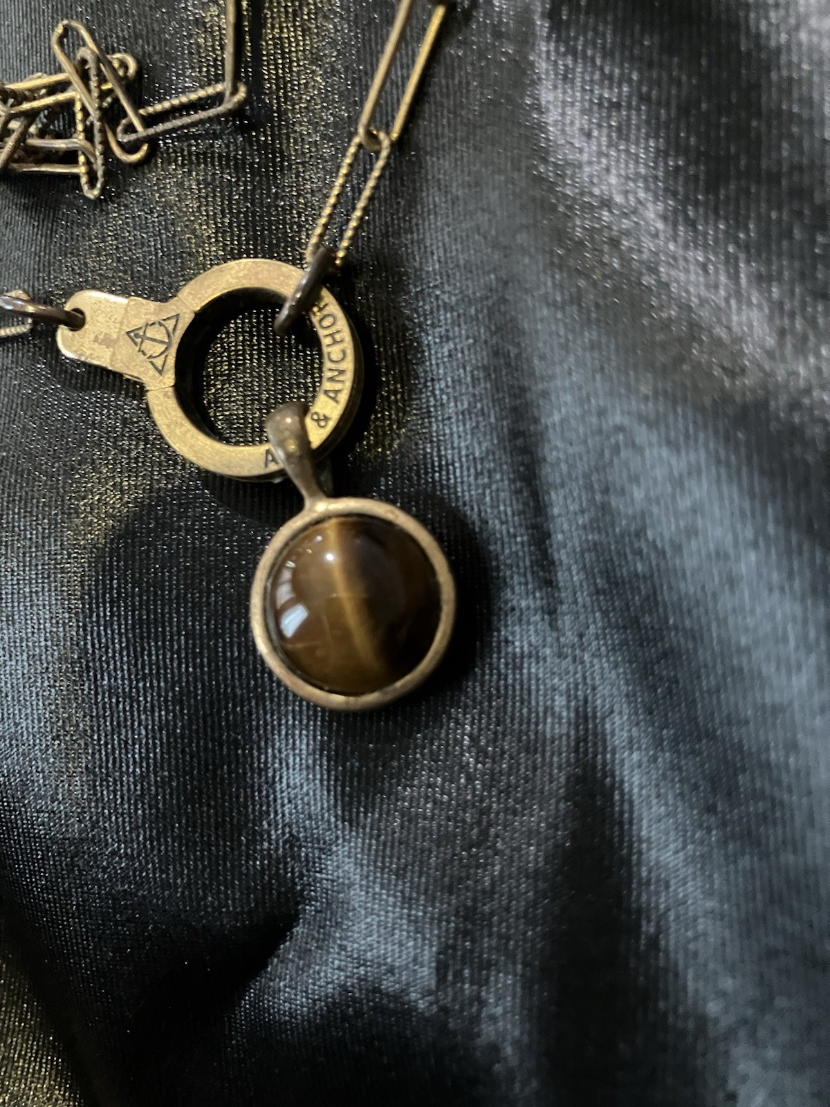 Air & Anchor Brass Paper Clip Cuff Keeper Necklace Tiger Eye Holder Necklace