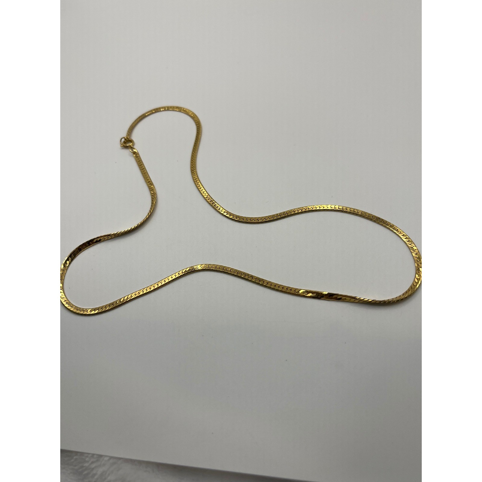 Gold Tone Herringbone Chain Necklace Flat Snake Link 18 Inch Spring Ring Clasp