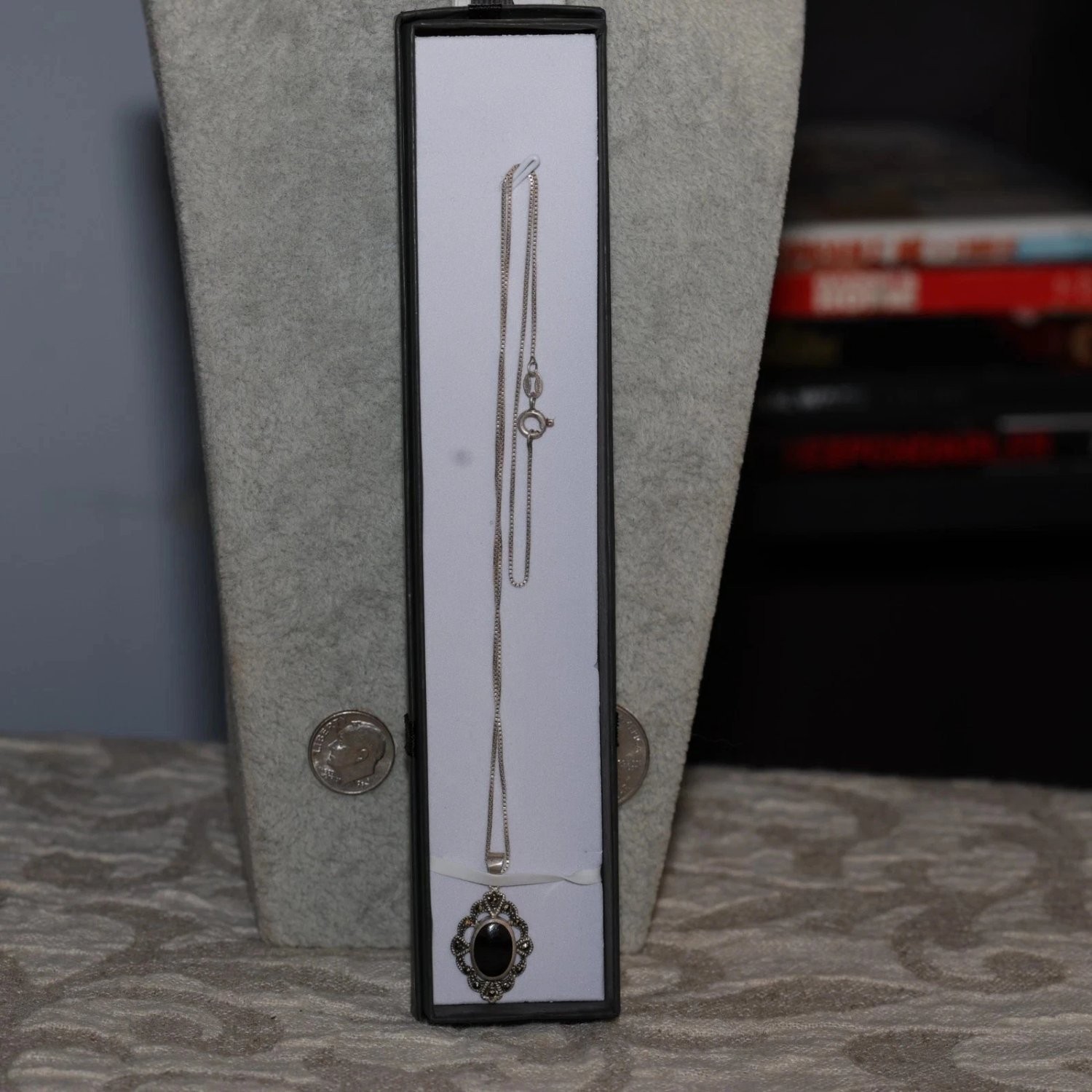 Vintage Agi Sterling Silver Onyx Marcasite Pendant Necklace 925 Italy 16″ Box