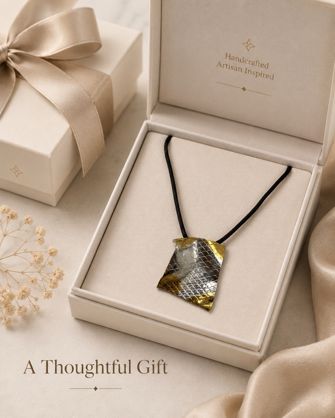 Two-Tone Textured Brass Asymmetrical Amulet Pendant Necklace Adjustable Cord