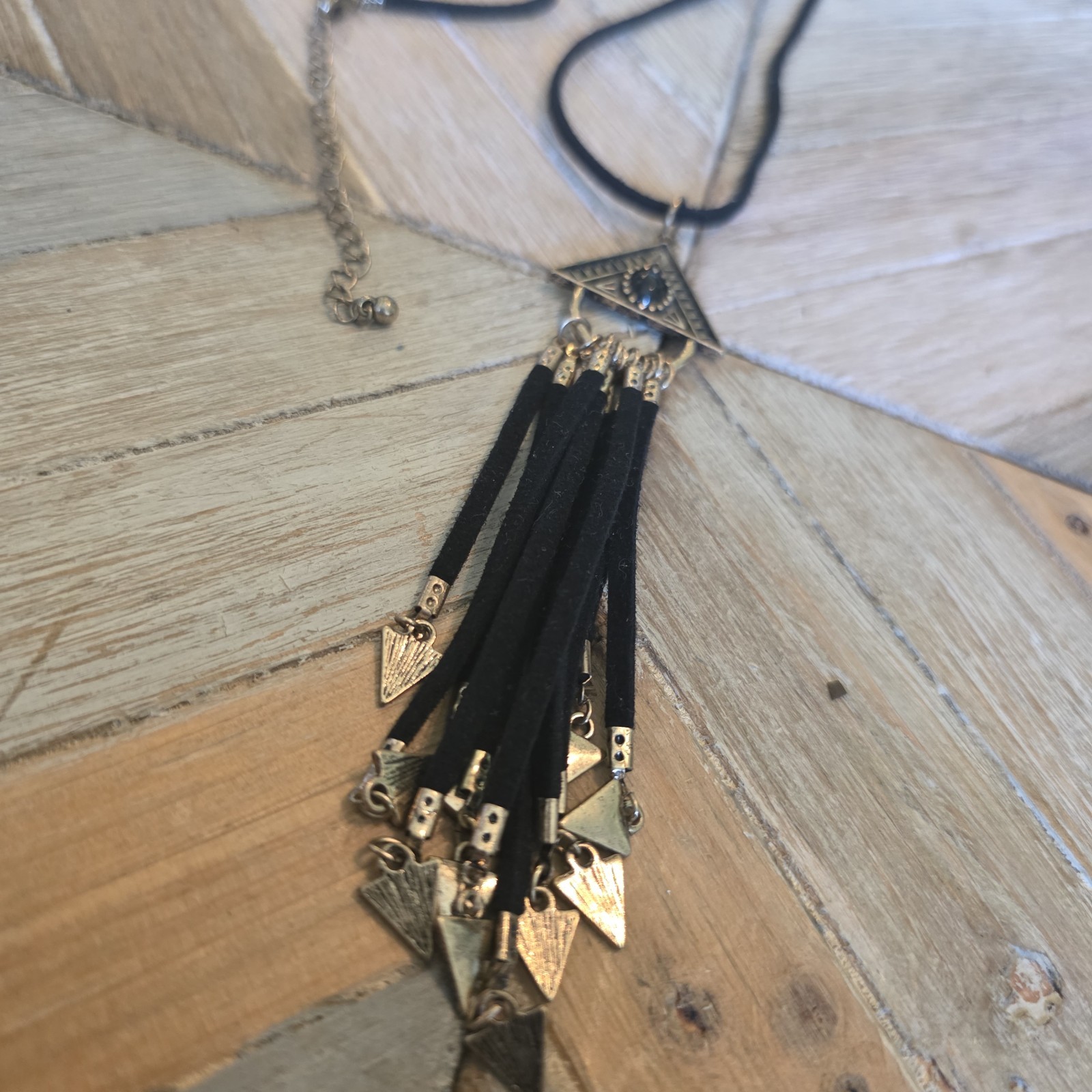Tassel Fringe Pendant Black Color Faux Leather Long Necklace Gold Details