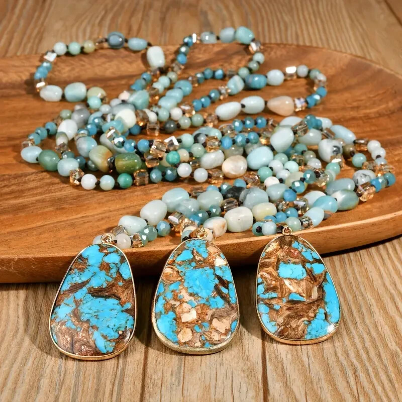 Boho Vintage Amazonite Bead Necklace Pendant Natural Stone Long Chain Women