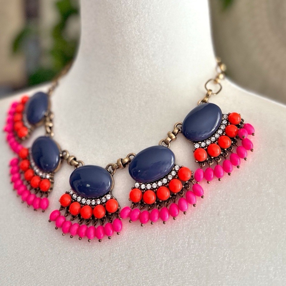 J.Crew Fan Fringe Statement Necklace Navy Blue Coral Pink Beaded Bib Chunky
