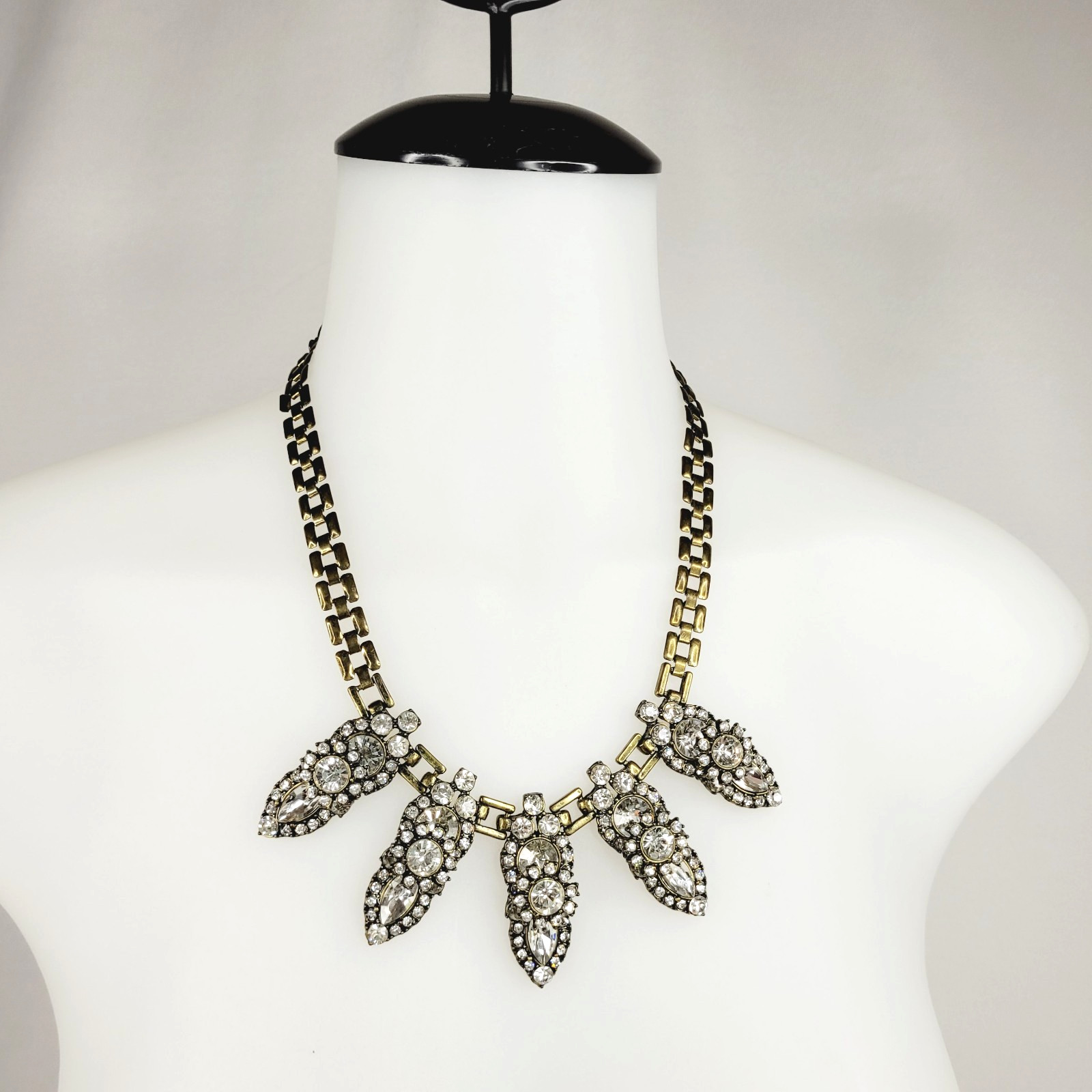 Antiqued Brass Tone Fashion Jewelry Necklace Colorless Rhinestones Statement Art