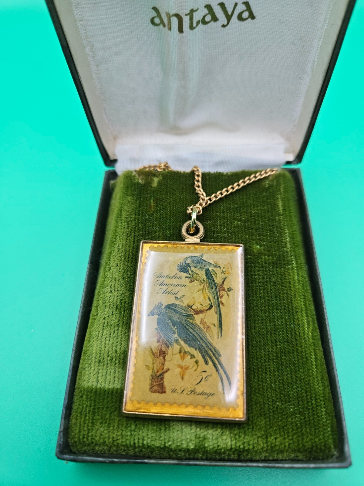Audubon American Artist 5c Postal Stamp Solid Brass Necklace Pendant NIB Antaya