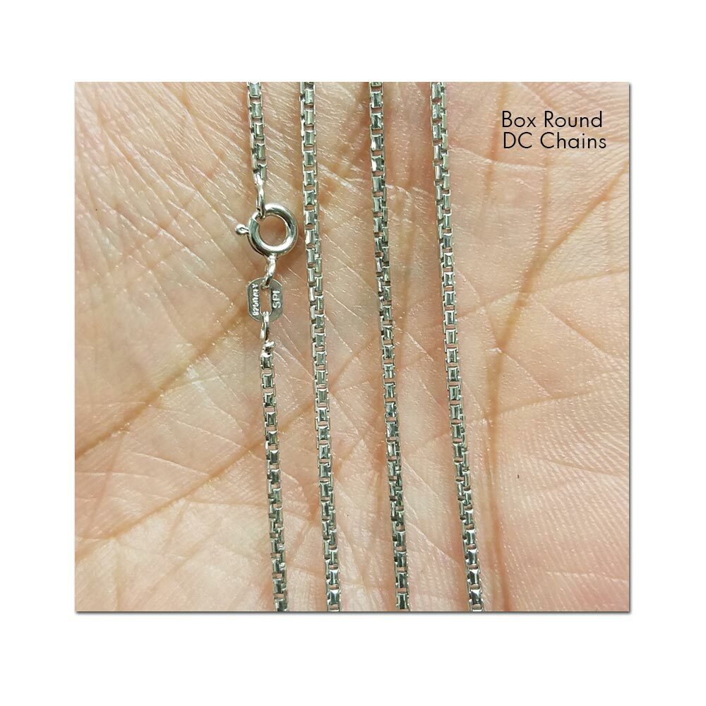 Sterling Silver Rhodium Finish DC ROUND BOX Chain Necklace, 1mm, 1.2mm, 1.5mm