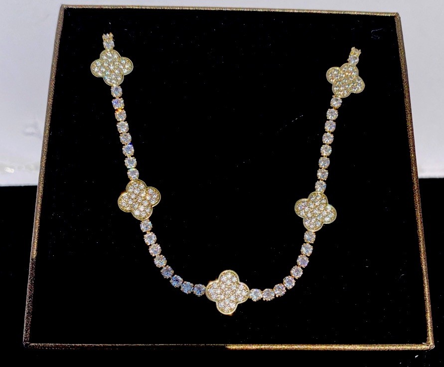 Treasure Jewels Gold Tone 5 Clover Station Necklace White Pavé CZ Alhambra Style