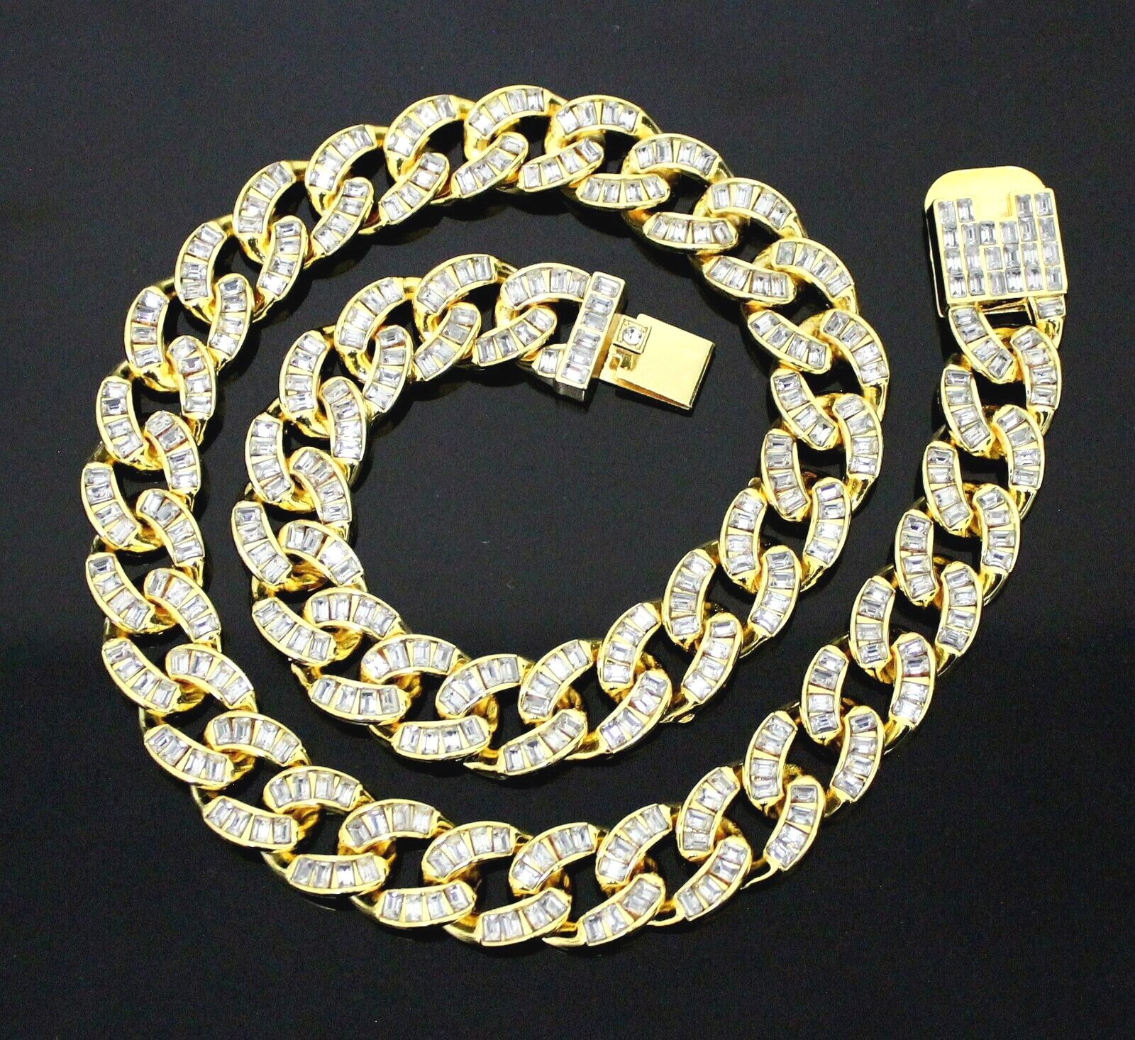 Mens 15mm Iced Baguette CZ Cuban/Curb Link Gold Plated 7″-30″ Necklace