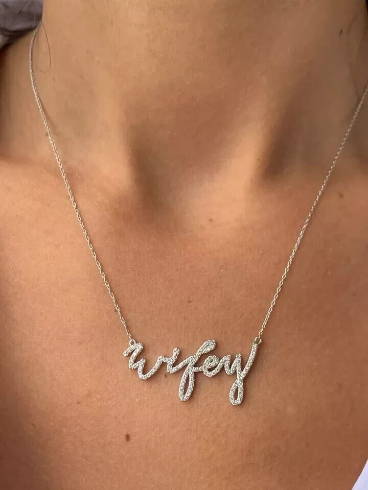 2Ct Round Cut Simulated Diamond Cursive Wifey Pendant In 14k White Gold Plated