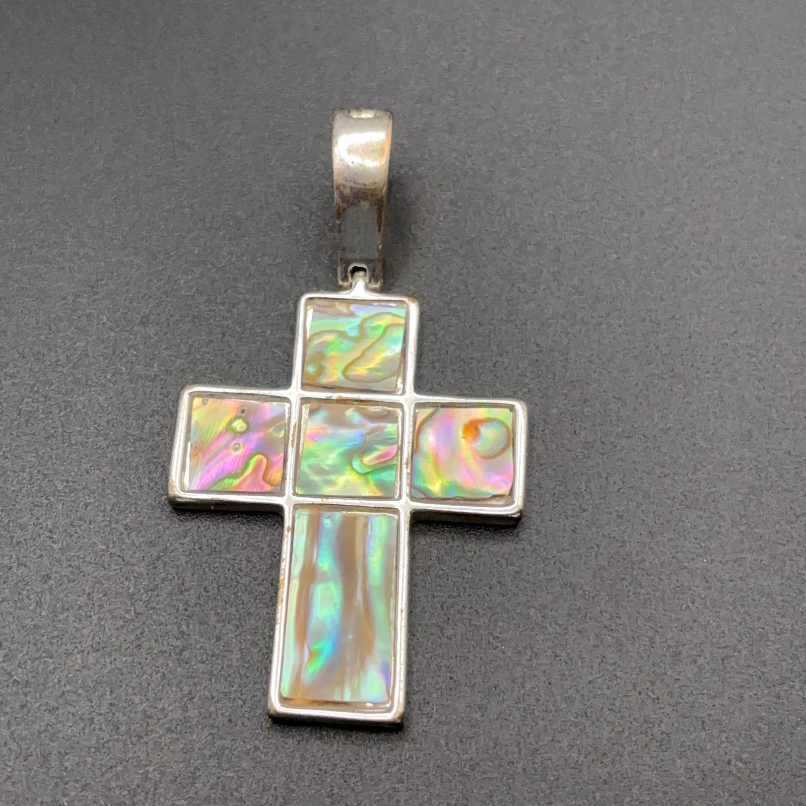 Silver Tone Abalone Shell Inlay Cross Pendant Hinged Bail