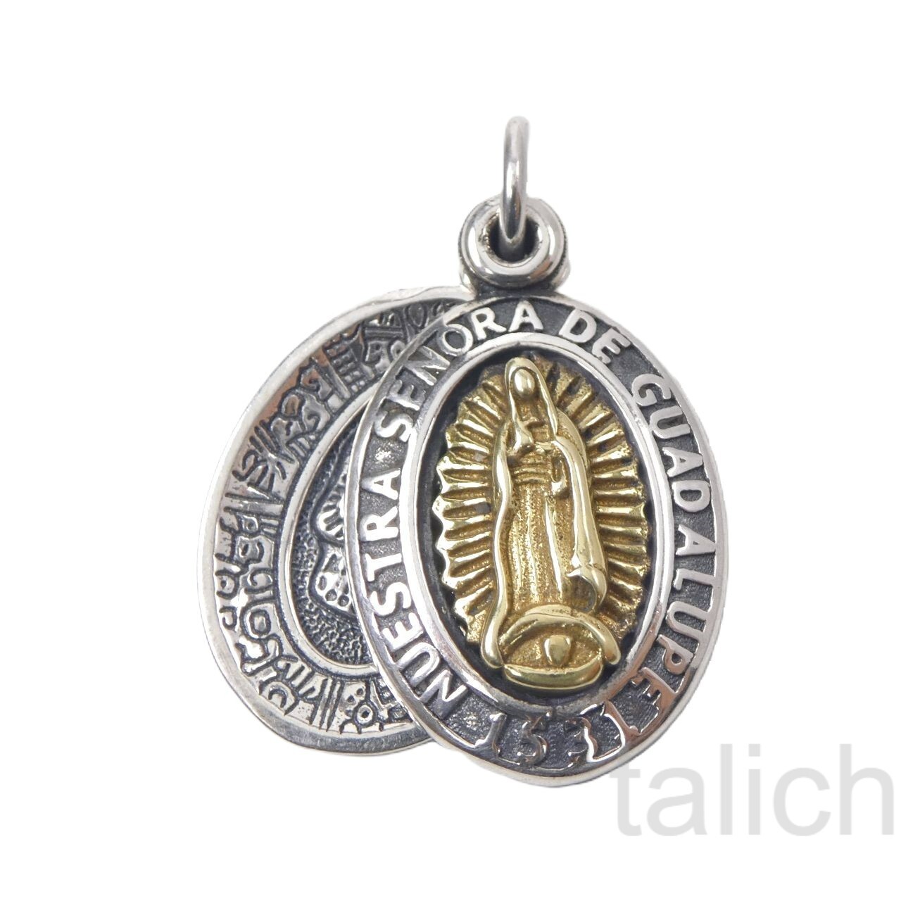 Sterling Silver Virgin Mary Our Lady of Guadalupe & Skull Double Charm Pendant