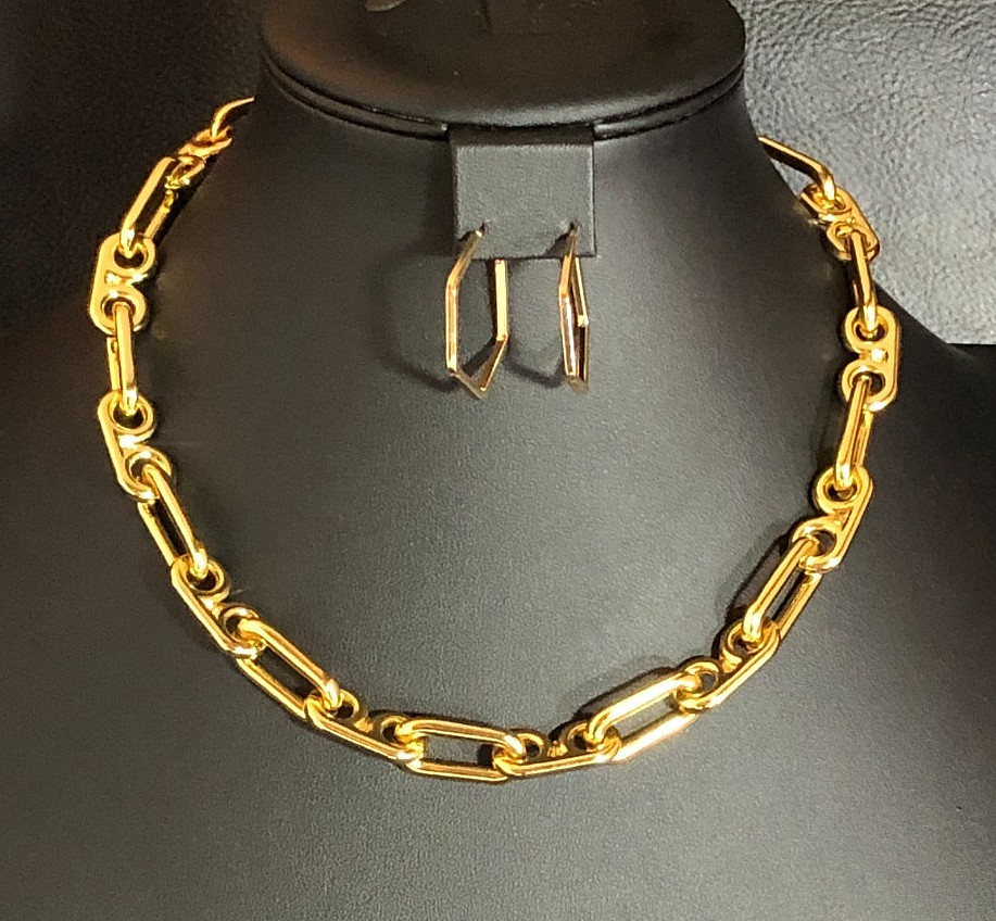 Gold Chunky Paperclip Link Toggle Necklace Talbots +3 Hoop Earrings LOT 8627