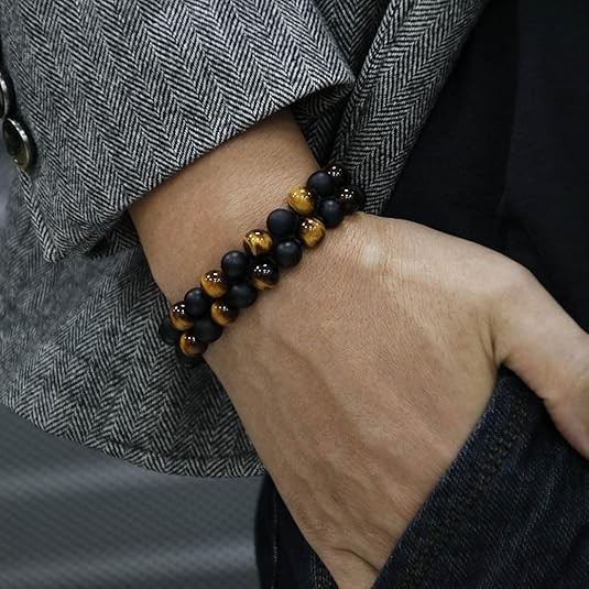 Triple Protection 8mm Natural Tiger Eye Onyx Lava Adjustable Beaded Bracelet Men