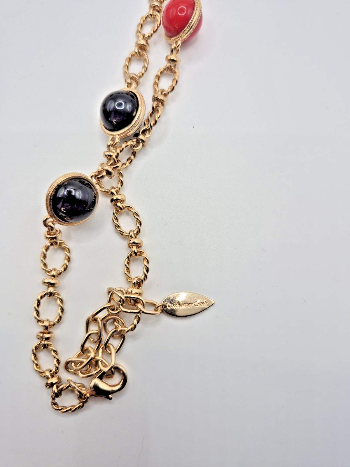 Long Necklace Goldtone Chain Red Blue Black Cabochons 42″to 45″ Coldwater Creek