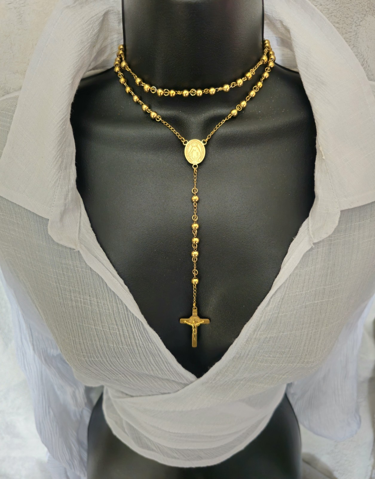 Gold Tone Stainless Steel Rosary Necklace Virgin Mary Crucifix Cross 60cm