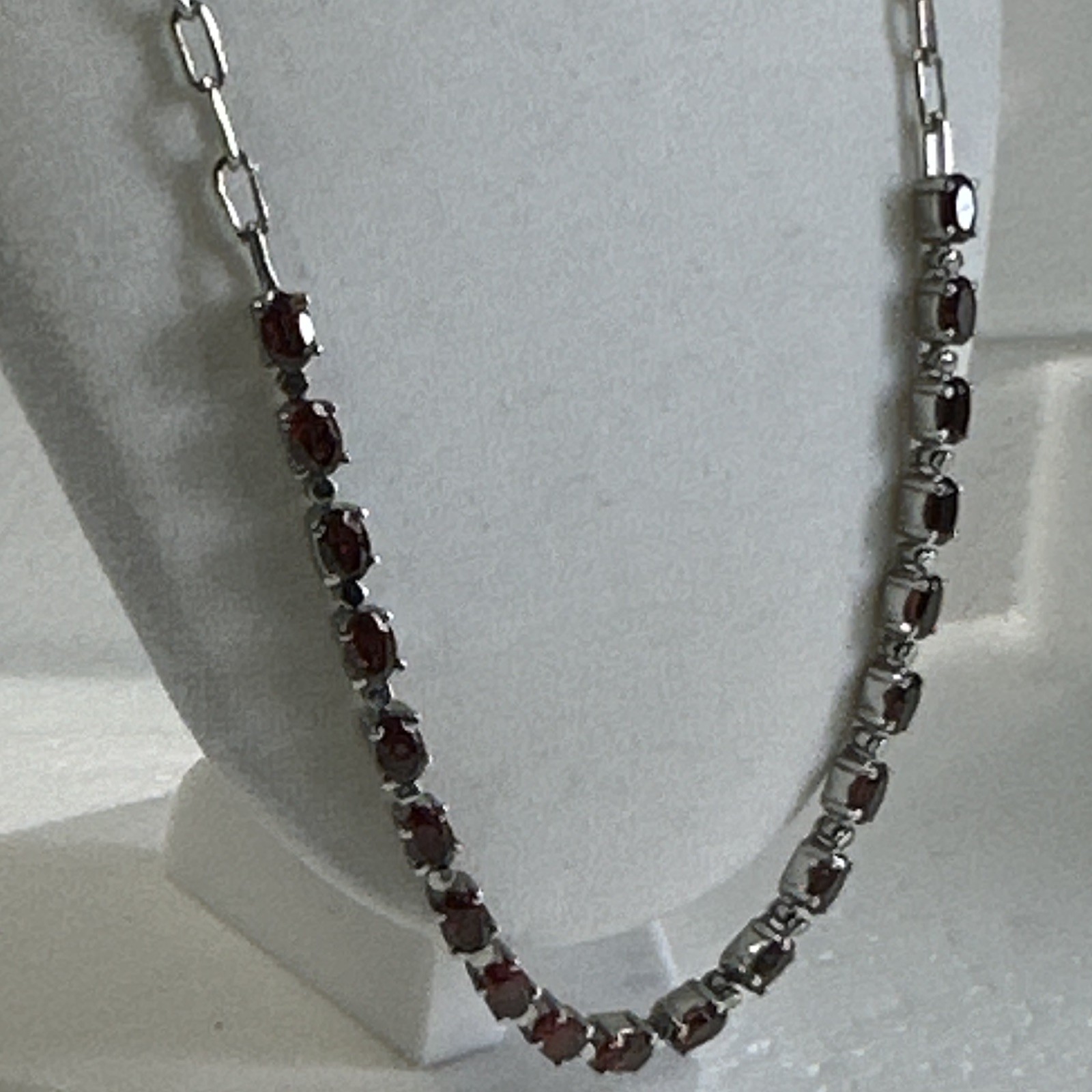 Stainless Steel Station Bar Link Necklace Red Oval Stones Prong Lobster Clasp