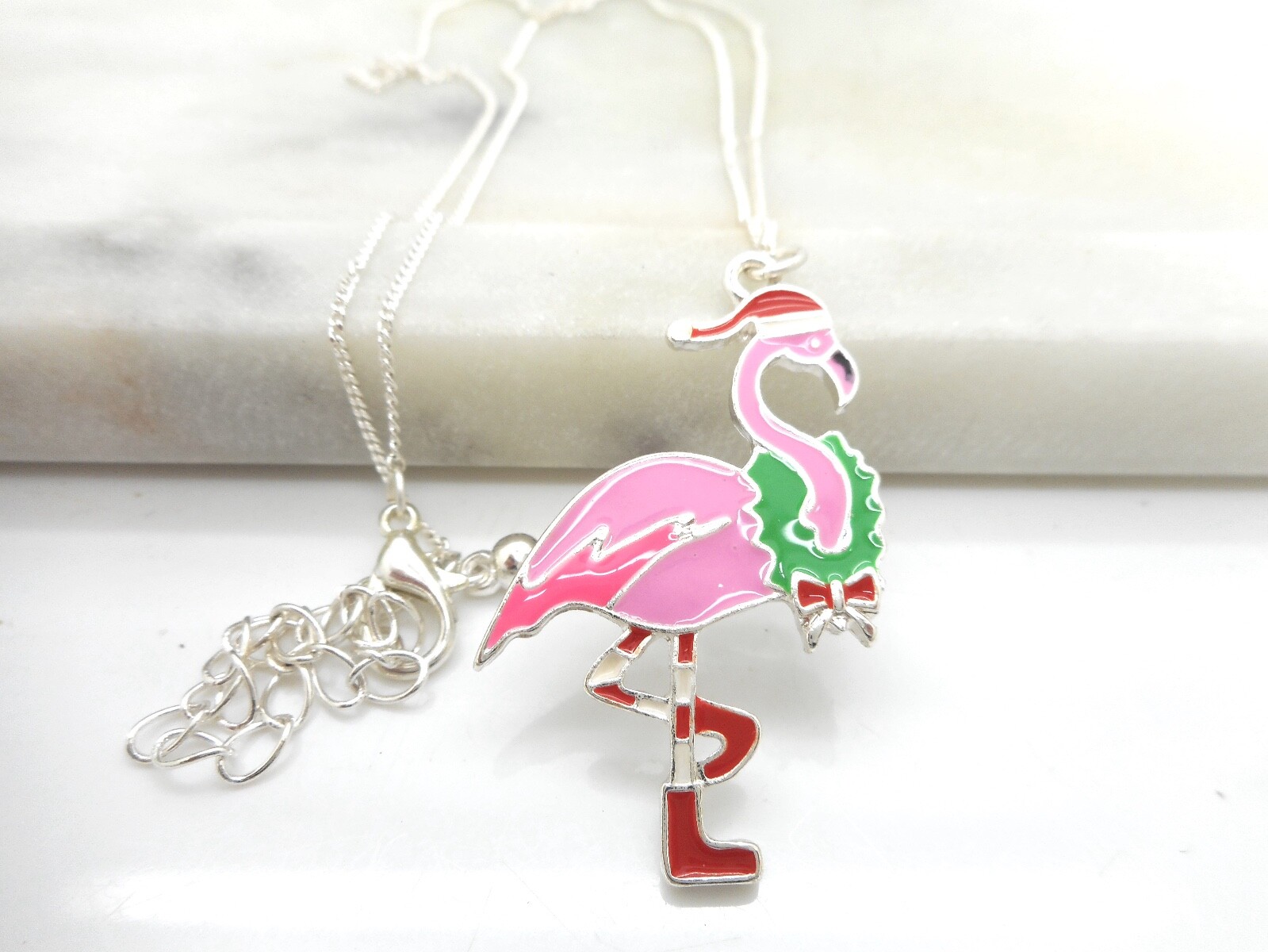 Holiday Flamingo Wreath And Hat Necklace Pendant Christmas Xmas