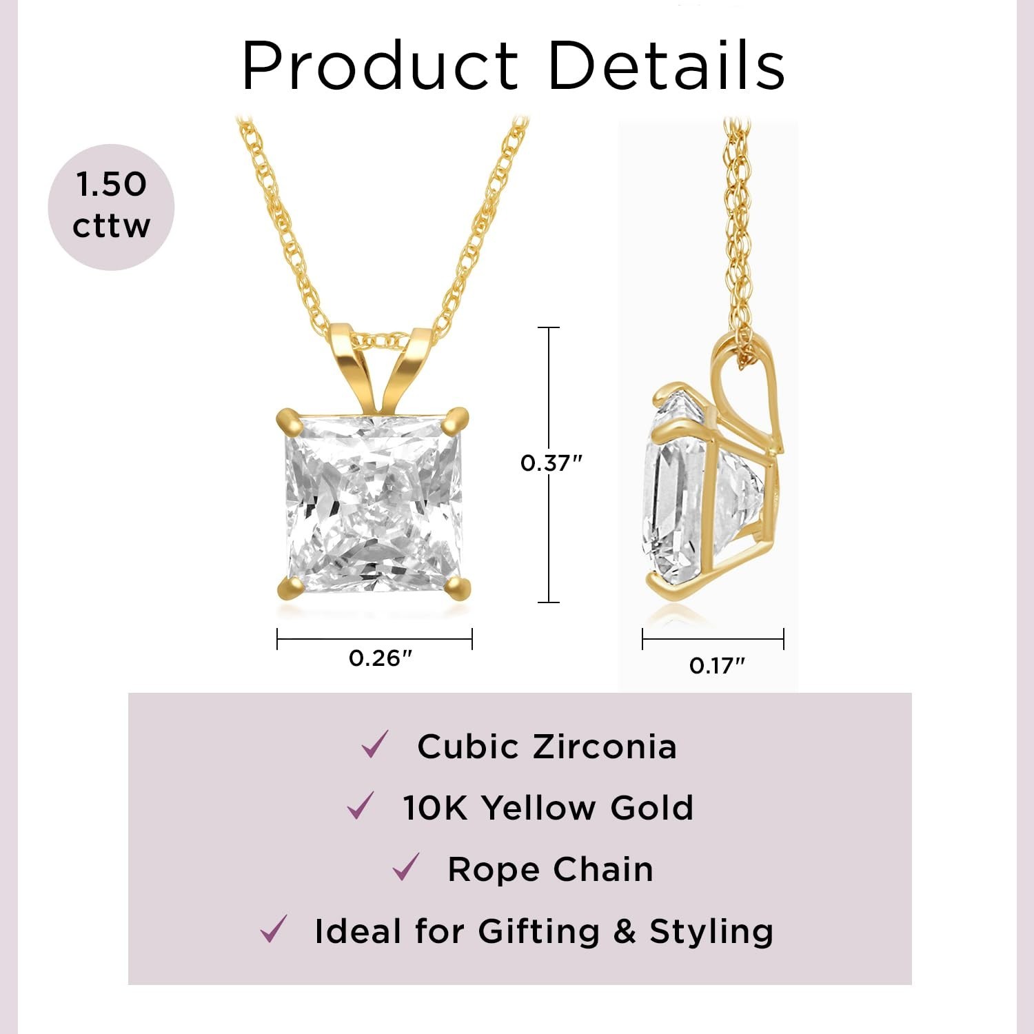 10K Gold Princess Cut CZ Solitaire Pendant Necklace for Women | 1.0-2.0 Carat |