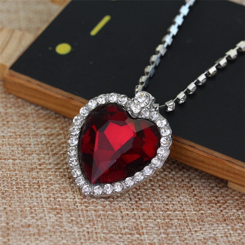 Sterling Silver Plated Blue Red Titanic Ocean Heart Pendant Necklaces For Women