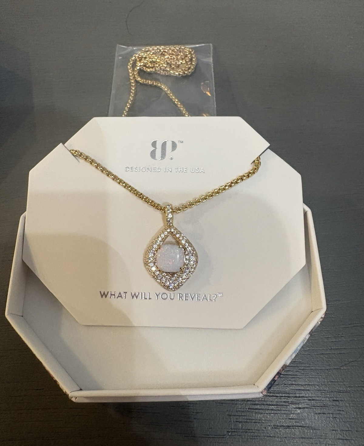 BP Gold Plated Lab White Opal Teardrop CZ Pavé Rope Necklace 18″ NK22643