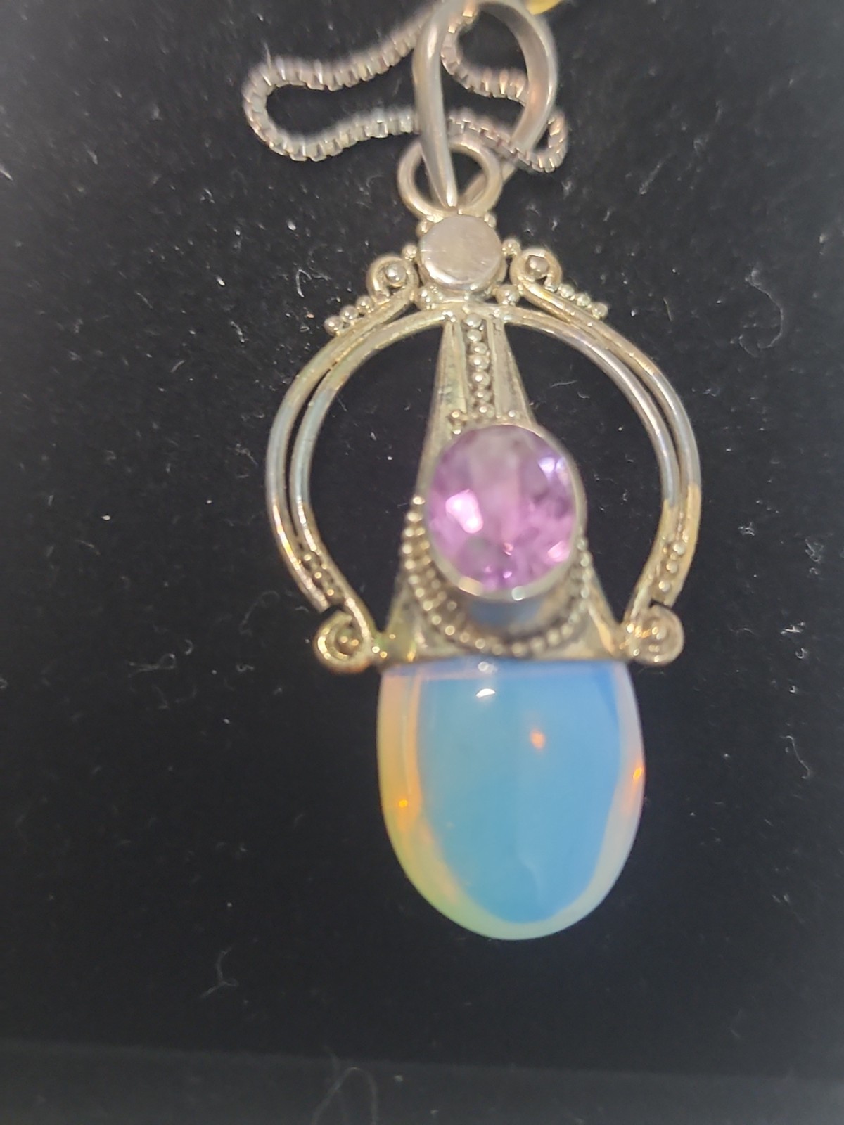 Sterling Silver Pendant 6.2g Fine Jewelry Opalite & Amethyst Stone 20″ Box Chn.