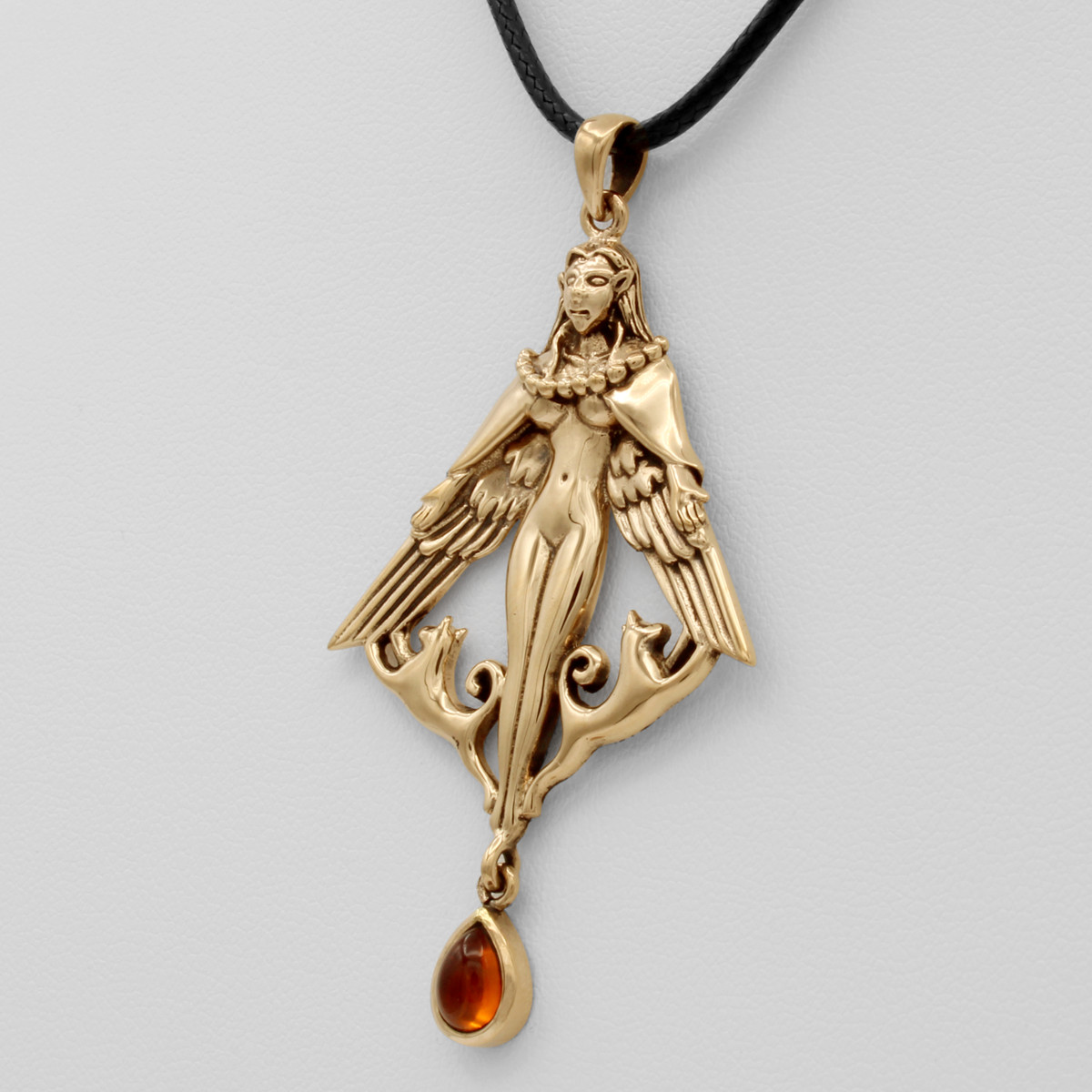 Bronze Freya Pendant with amber – Dryad Design Asatru Norse Goddess Viking Runes
