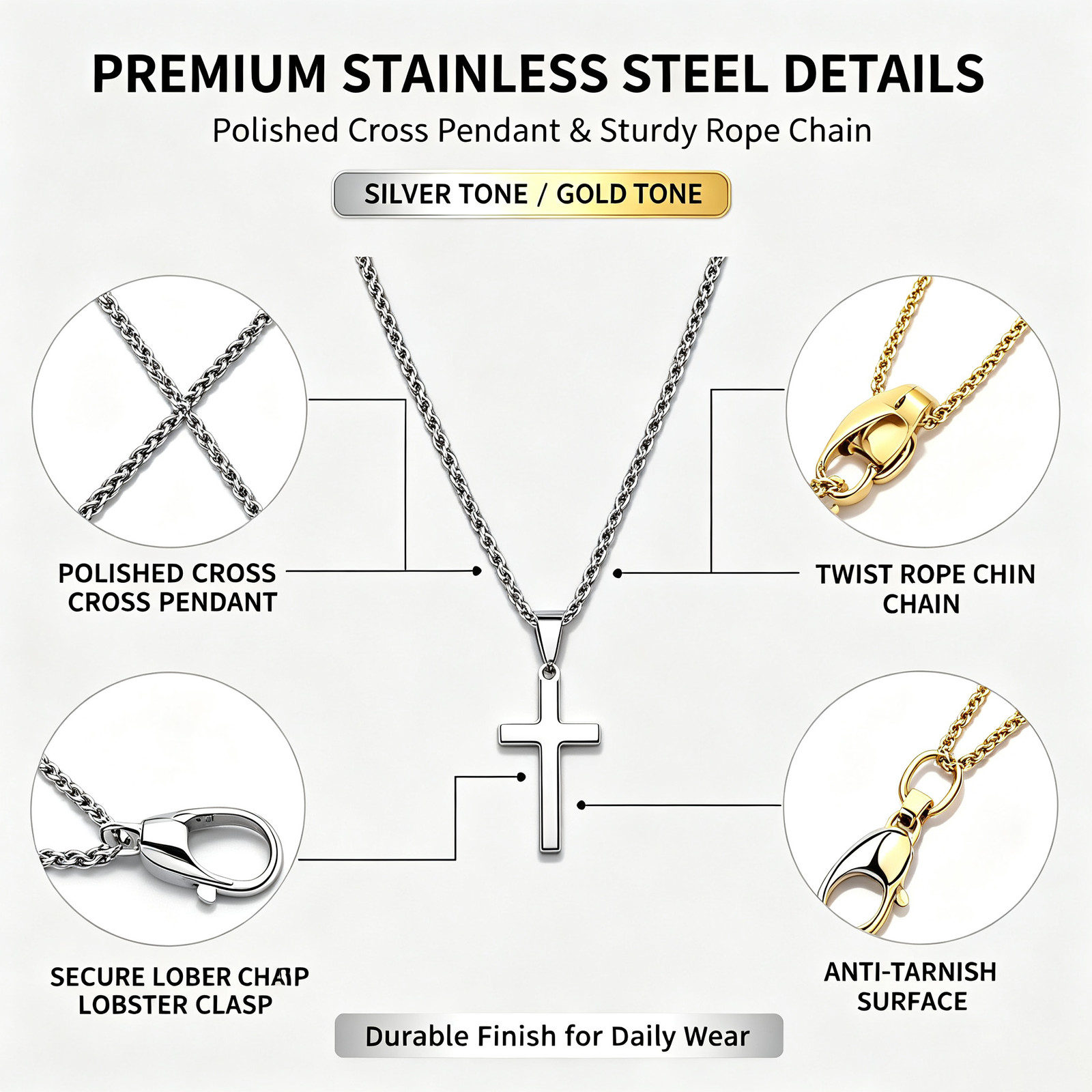 Men’s Cross Pendant Necklace Simple Rope Chain Hip Hop Jewelry Gift