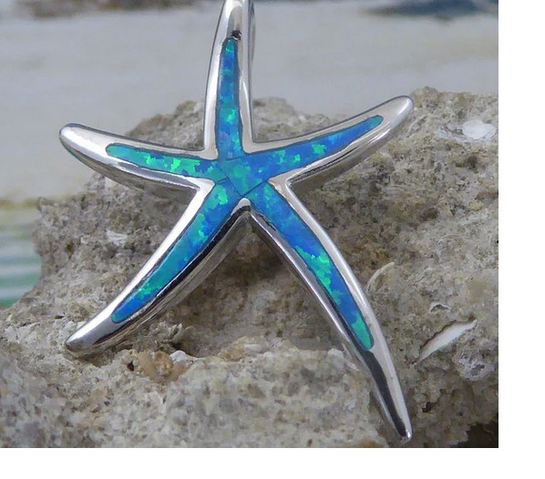 BLUE OPAL STARFISH SEA Pendant Charm On 20″ 925 Sterling Silver Necklace Women