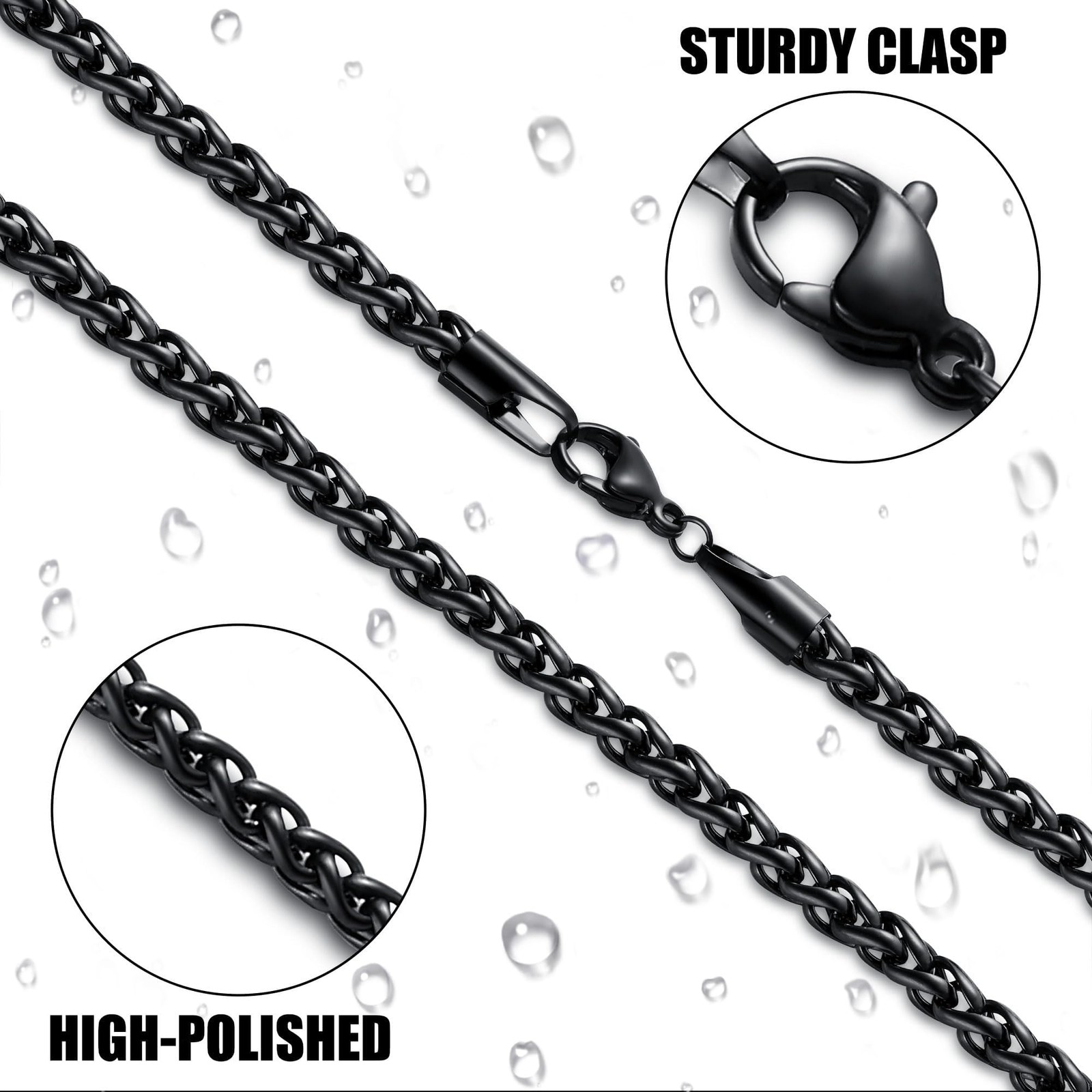 Black Wheat Chains for Men and Women, 5mm Stainless Steel Necklace Chains, Me…