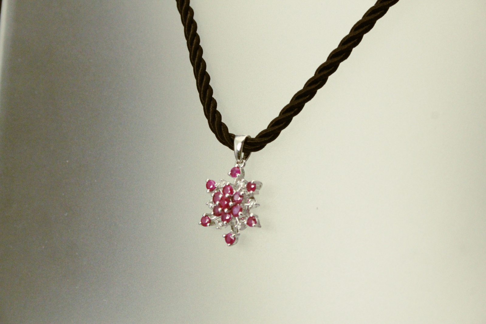 Red Ruby & Diamond Chips Snowflake Sterling Pendant Black Cord 5.4g (NEC5716)