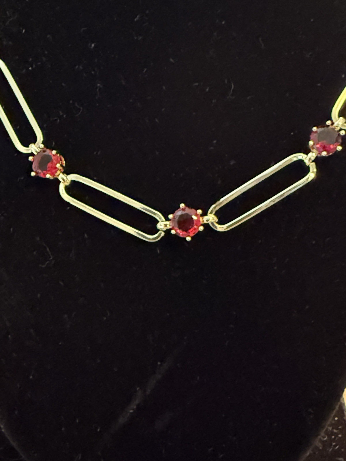 Red Austrian Crystal Paperclip Chain Necklace 18-20 Inches In Goldtone.