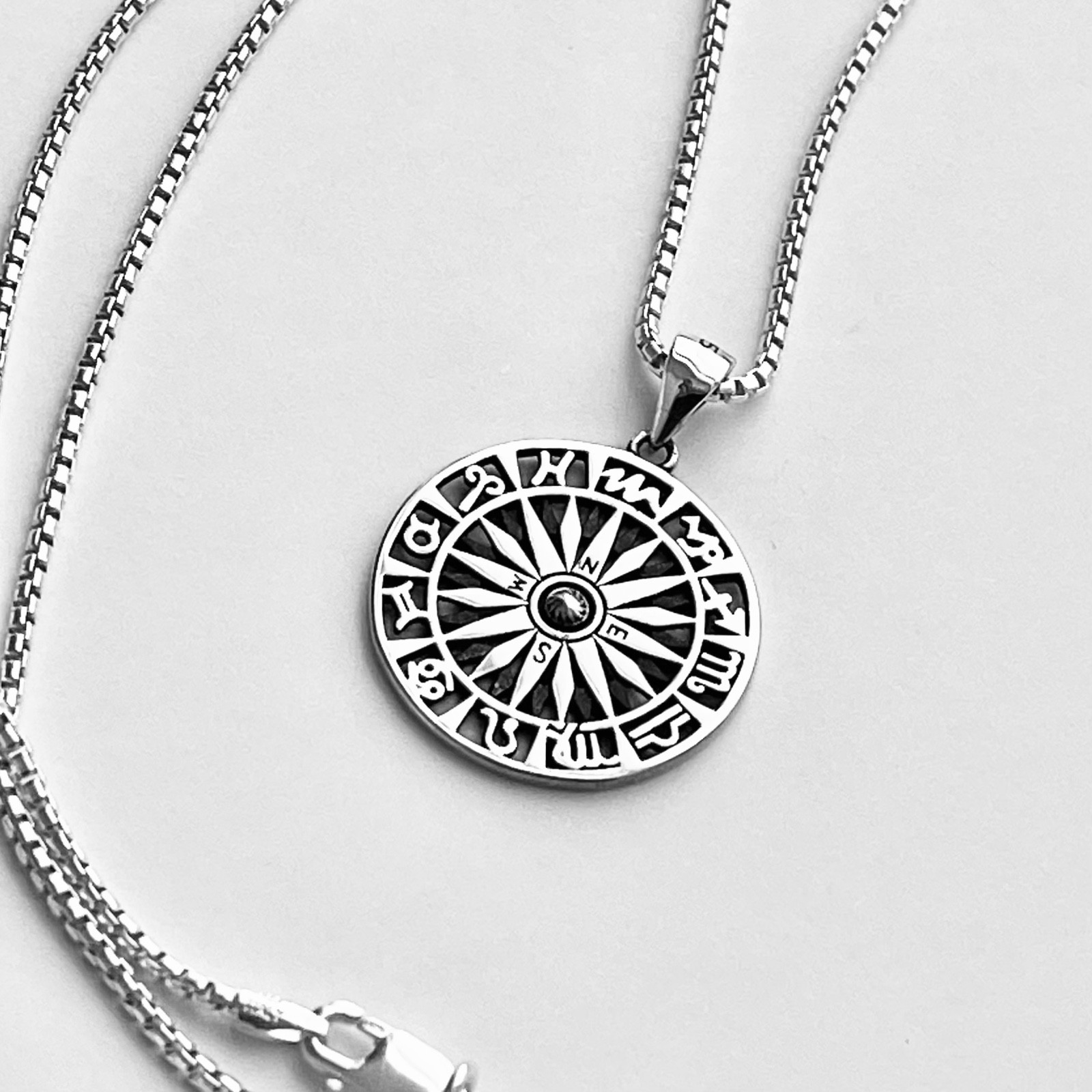 Sterling Silver Unisex Zodiac Wheel and Compass Necklace, Zodiac Signs Chain