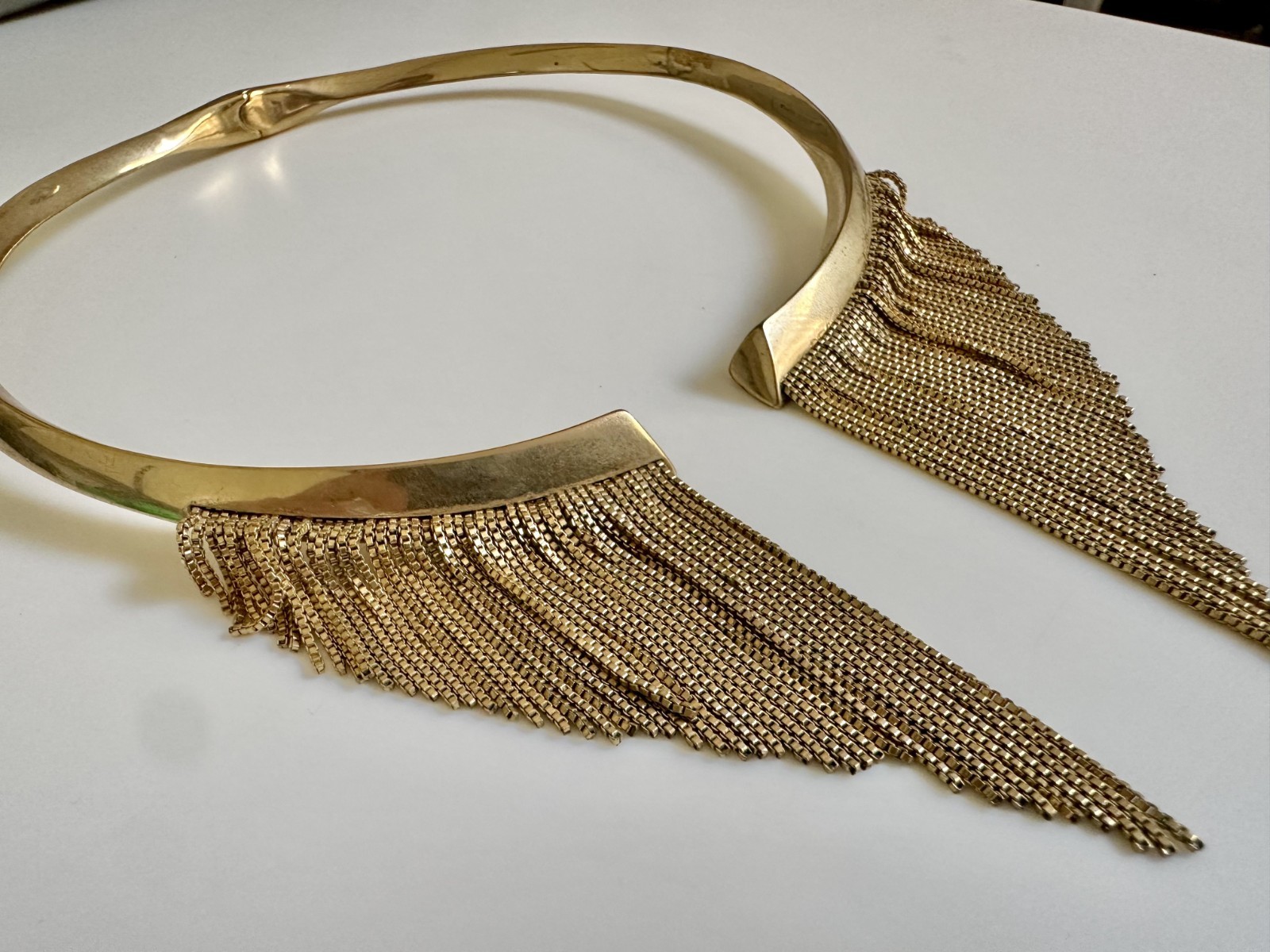 SARAH MAGID brass gold statement fringed chain collar choker necklace