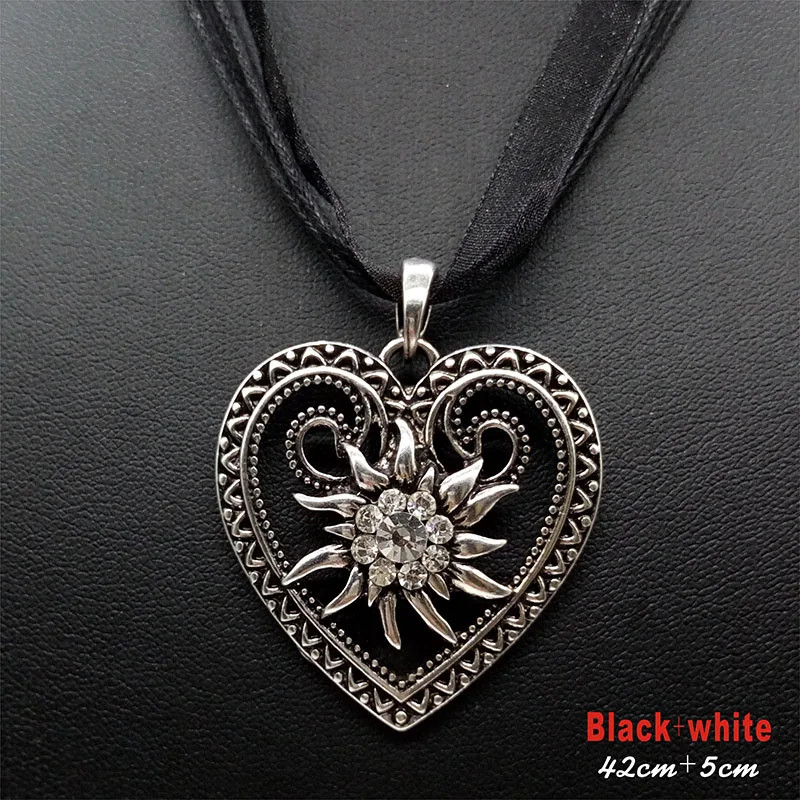 New Vintage Heart Edelweiss Flowers Necklace Organza Ribbon Pendant Women