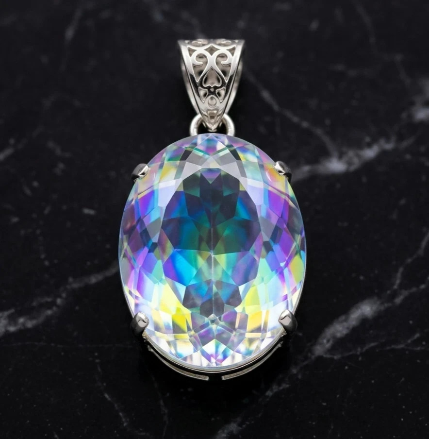 GIE Certified Mystic Topaz Pendant 925 Solid Silver 74.58 CT Oval Cut Gemstone A