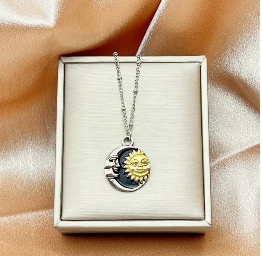 Celestial Vintage Sun & Moon Pendant Necklace Ball Beac Chain